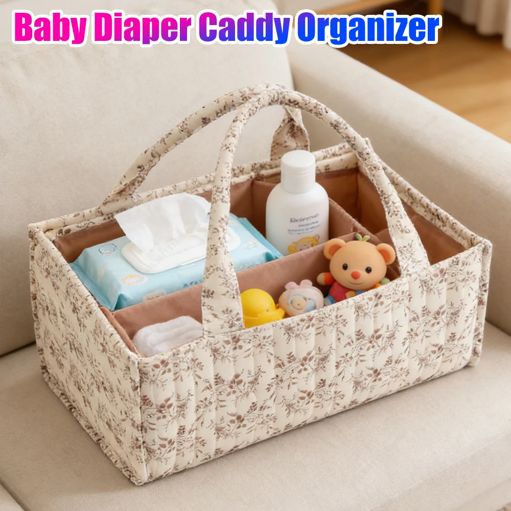 

Portable Baby Diaper Caddy Organizer Quilted Floral Foldable with Dividers Nursery Storage Tote for Changing Table Car Travel