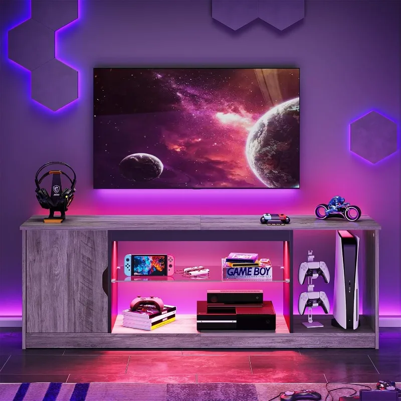 LED TV Stand for PS5,Modern Gaming Entertainment Center with Cabinet for 60/65 Inch TV, TV Console with Adjustable Glass