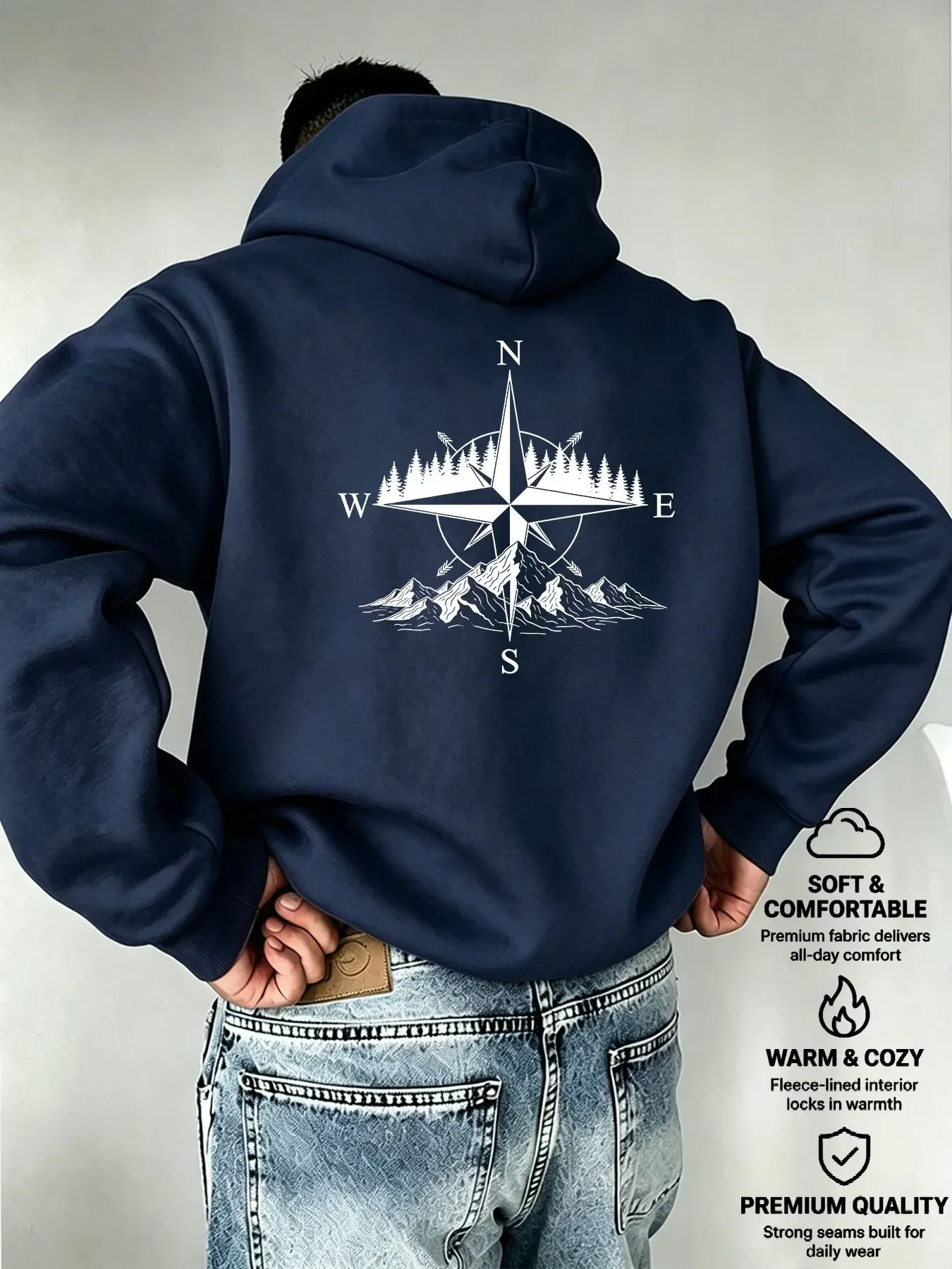 Sudadera Holgada para Hombre, con Estampado de Brújula y Montaña en Blanco en la Parte Trasera, Sudadera Casual de Forro Polar Cálido