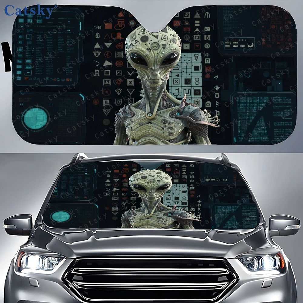 Futuristic Alien Car Sunshade - Durable Nylon Windshield Cover With Sci-Fi Design, Fit For All Vehicles, Protects Against Sun Da