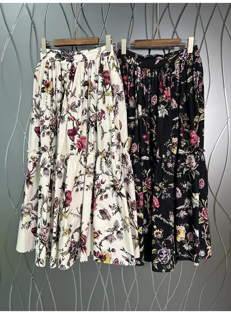 

100%Cotton Long Skirts 2023 Spring Fashion Style Skirt Women Elegant Floral Prints Casual Long White Black Maxi Skirt Outfits