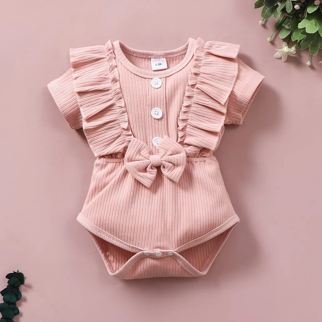 

Toddler’s Spring Summer Clothes Solid Color Ruffle Long Sleeves Ribbed Rompers with Bowknot for Baby Girl 0-18 Months