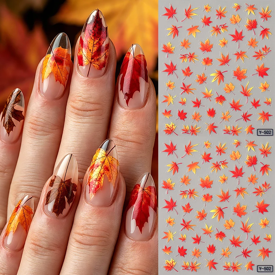 2 Stück Herbst-Ahornblatt-Nagelaufkleber, Herbstliche Orange-Rot-Gelbe Ahornblätter Nagelsticker, Thanksgiving Nagelkunst-Dekorationen, Maniküre – Detail 6
