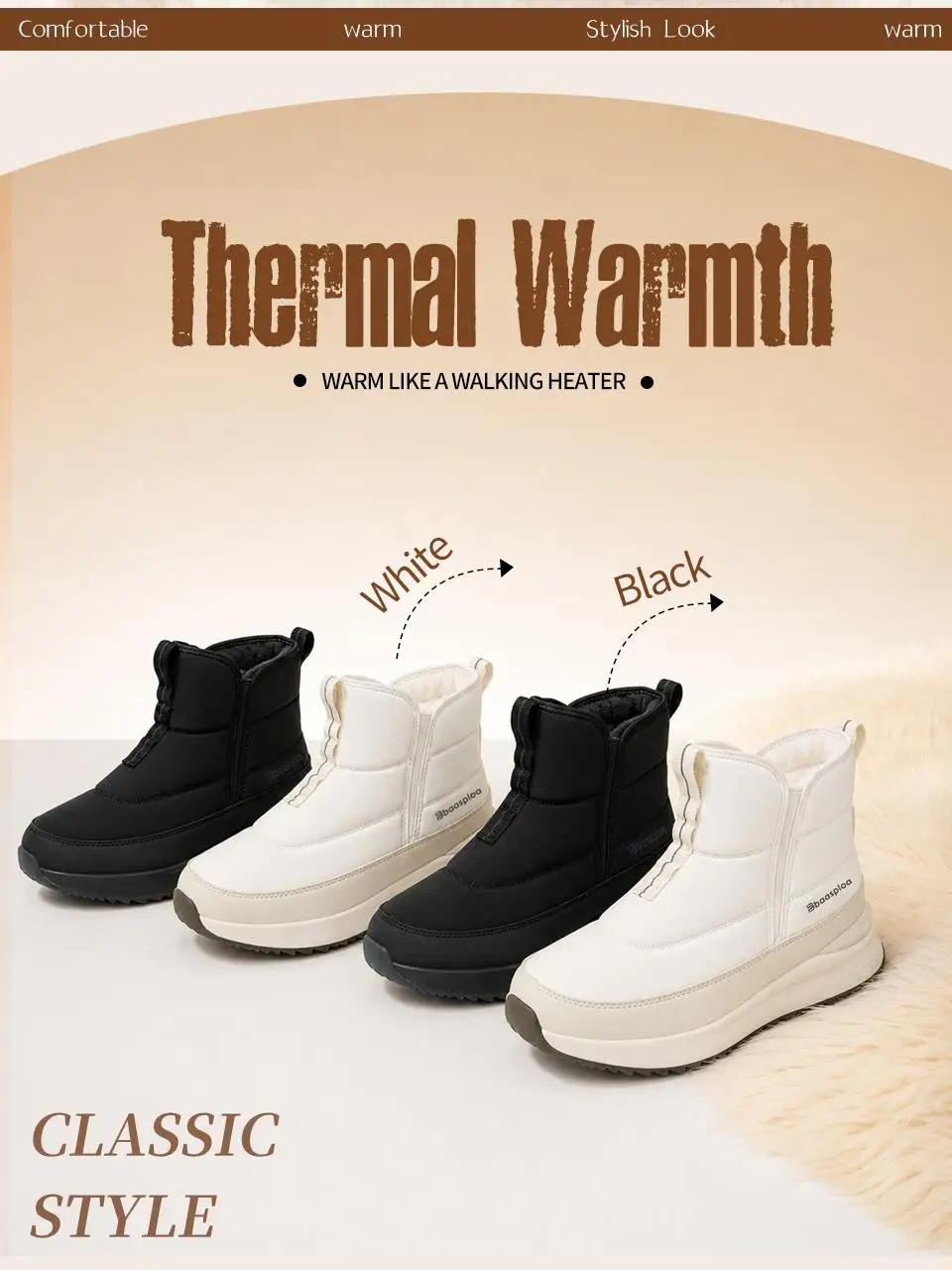 Baasploa Damen-Winter-Schneestiefel, warme Plüsch-Stiefeletten für Damen, bequeme, rutschfeste Baumwollschuhe mit Reißverschluss, wasserabweisende Freizeitschuhe – Detail 3