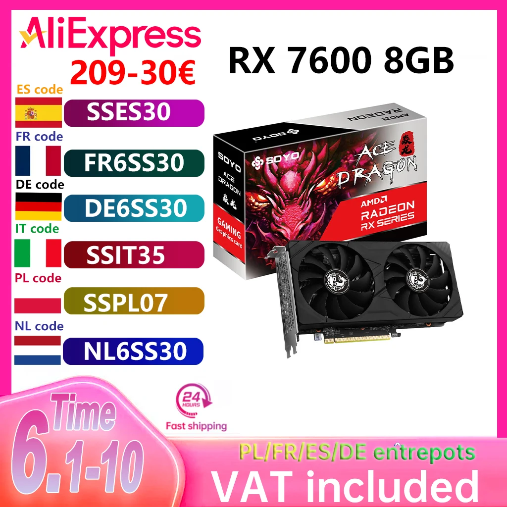 Tarjeta gráfica para juegos SOYO AMD Radeon RX7600 de 8GB, memoria GDDR6 de 128 bits PCIEx16 3,0 para tarjetas de vídeo de ordenador de escritorio RX 7600