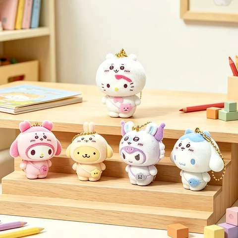 Hello Kitty Flocking Charm Cartoon Cosplay Chiikawa Hachiware Usagi Mini Backpack Pendant Ornament Keychain Collectible Gifts