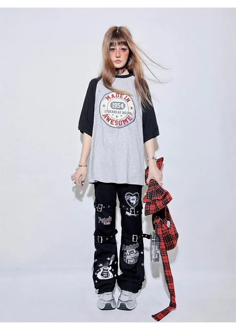 2025 Summer and Autumn New Women's Straight-Leg Jeans Loose Wide-Leg Pants Trendy High Street Fun High-Waist Long Pants