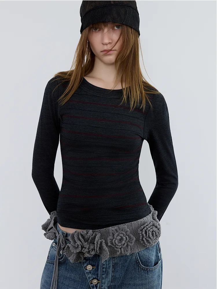 

Красивый вязаный топ из мериносовой шерсти в полоску, с круглым вырезом, винтажный стиль, мягкий и удобный, женская мода