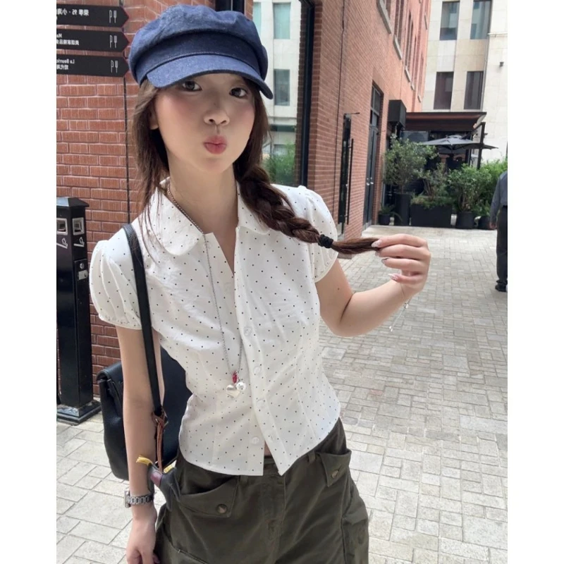 Deeptoown Korean Style Blouses Women Polka Dot Kawaii Sweet White Shirts Japanese Cutecore Preppy Style Vintage Casual Blouses