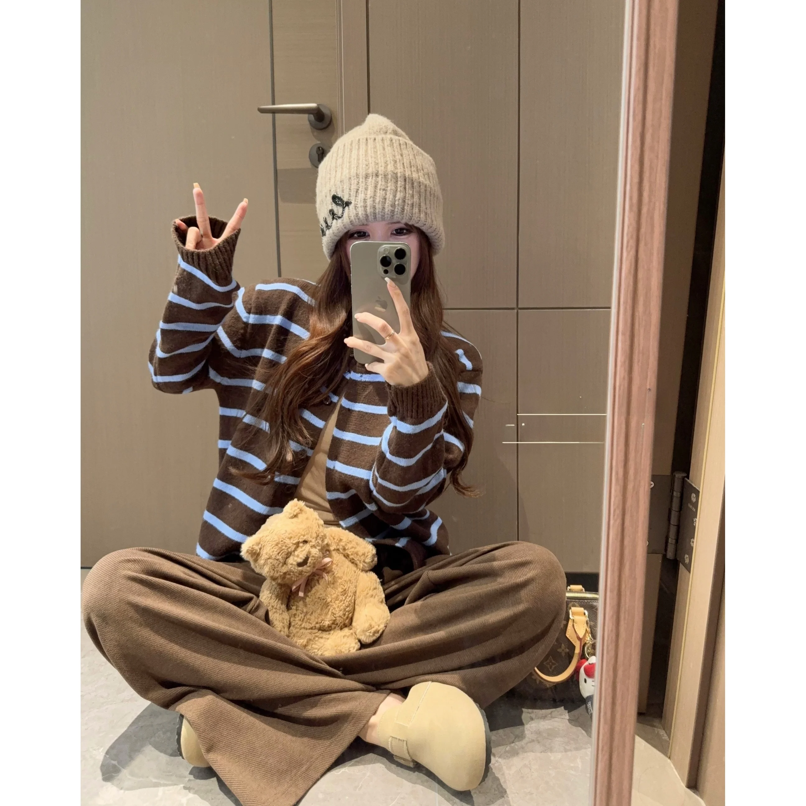 

Повседневный свободный вязаный свитер, женский круглый топ в полоску, удобный дышащий осенний свитер для отдыха, длинный све