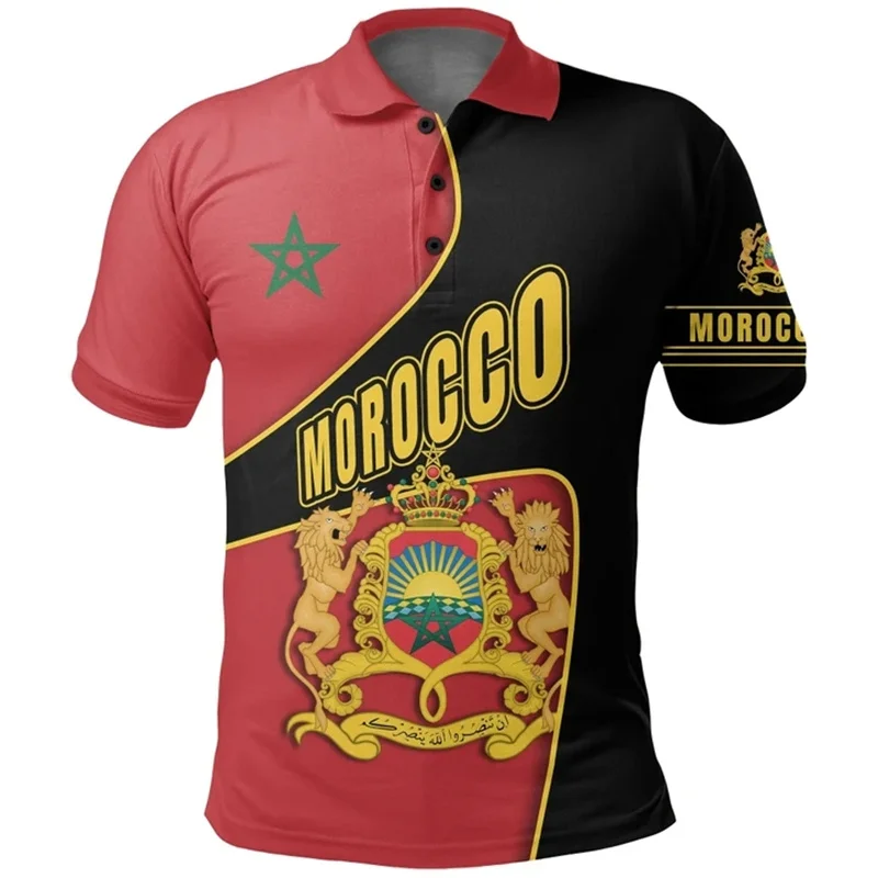 3D Printed Morocco Map Flag Polo Shirts For Men Moroccan National Emblem Pattern Short Sleeves Casual Loose Sport Street Tops
