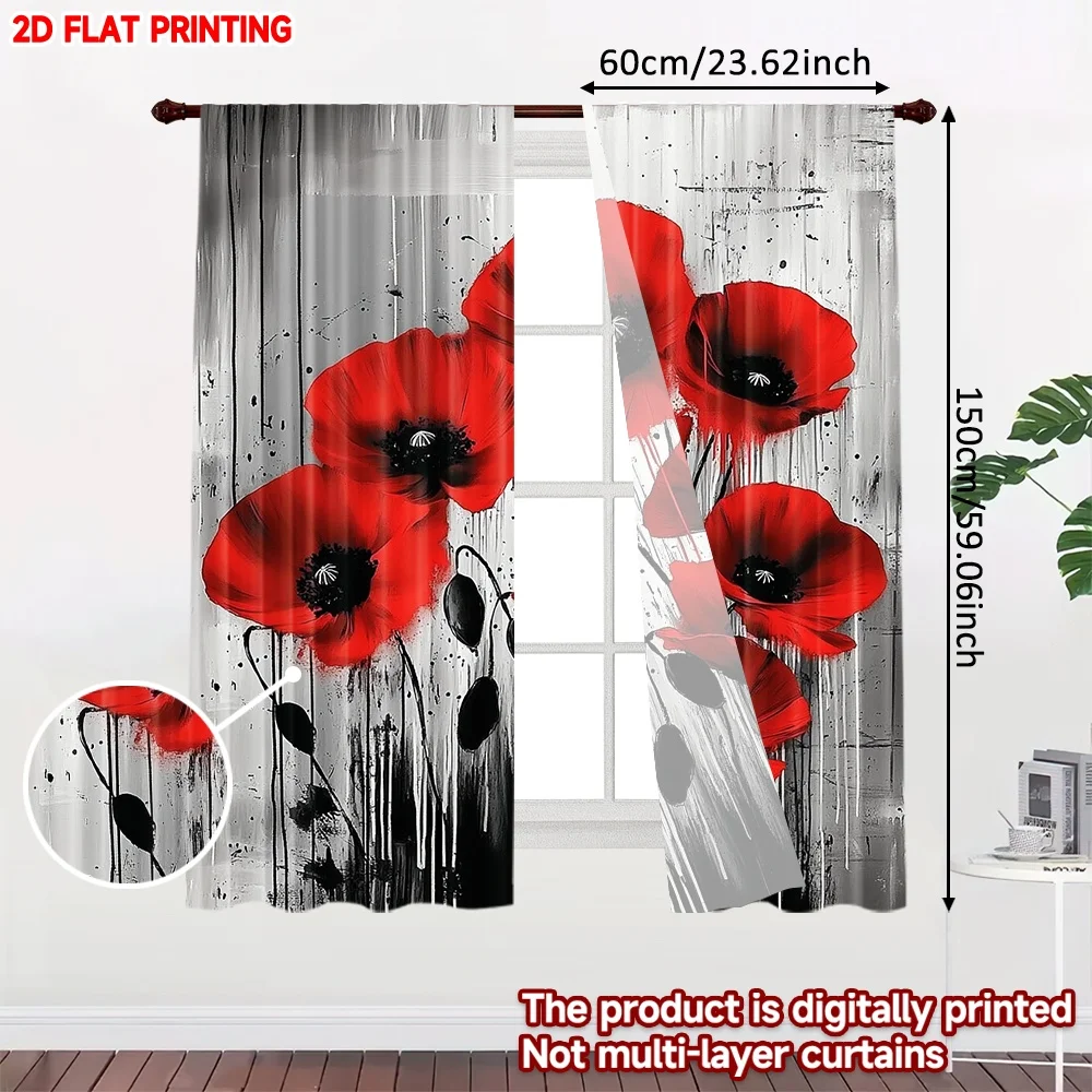 2D flat printing 2pcs Curtain Window Curtains Remembrance Red Poppies Digital Printed Polyester Drapes Festive Curtains Perfect
