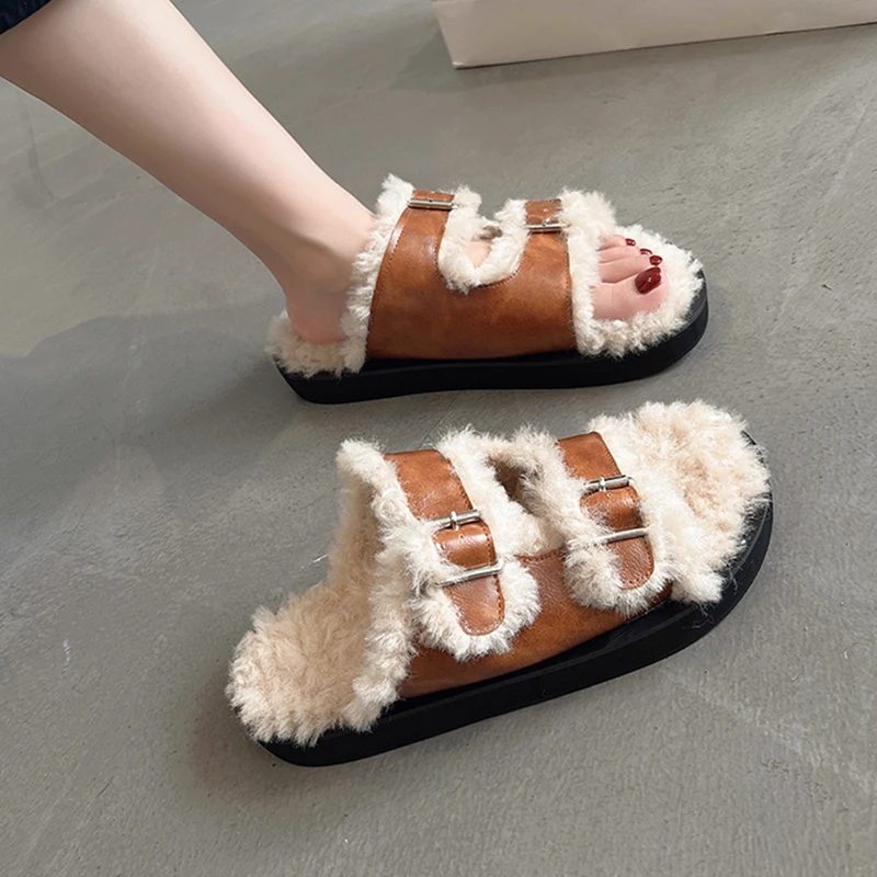 Slippers Vrouwen Zomer Vrouwelijke Schoenen Bont Slippers Slides 2024 Platte Pluche Retro Vrouwelijke Schoenen Pluche Slippers Voor Volwassenen Slides 202