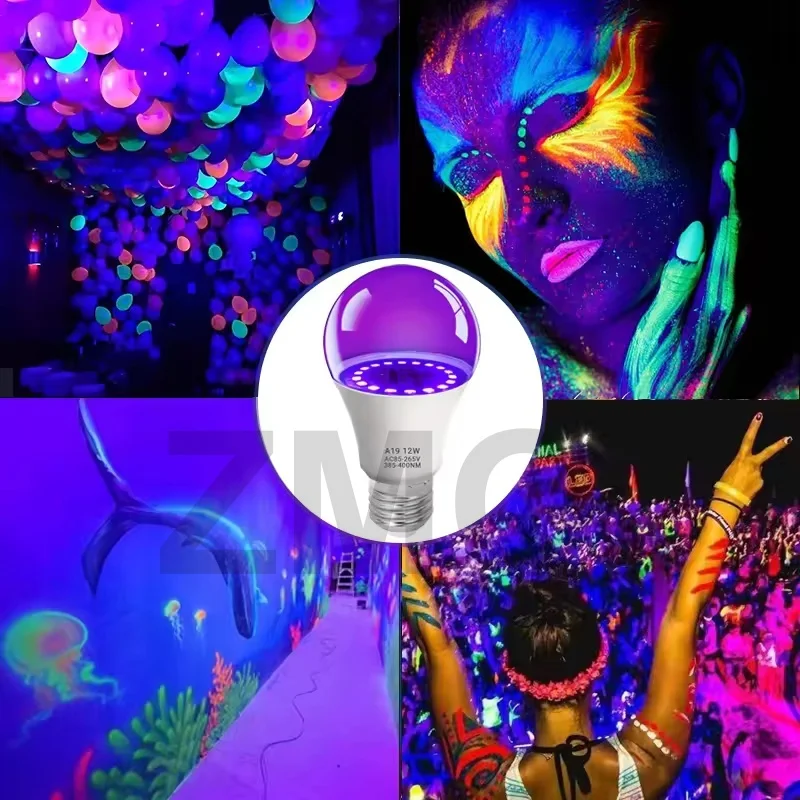 Imagen 7: Bombilla LED UV E27 de 12W y 15W, bombillas de luces negras moradas que brillan en la oscuridad, decoración para fiesta de Halloween, lámpara de luz fluorescente AC 85-265V
