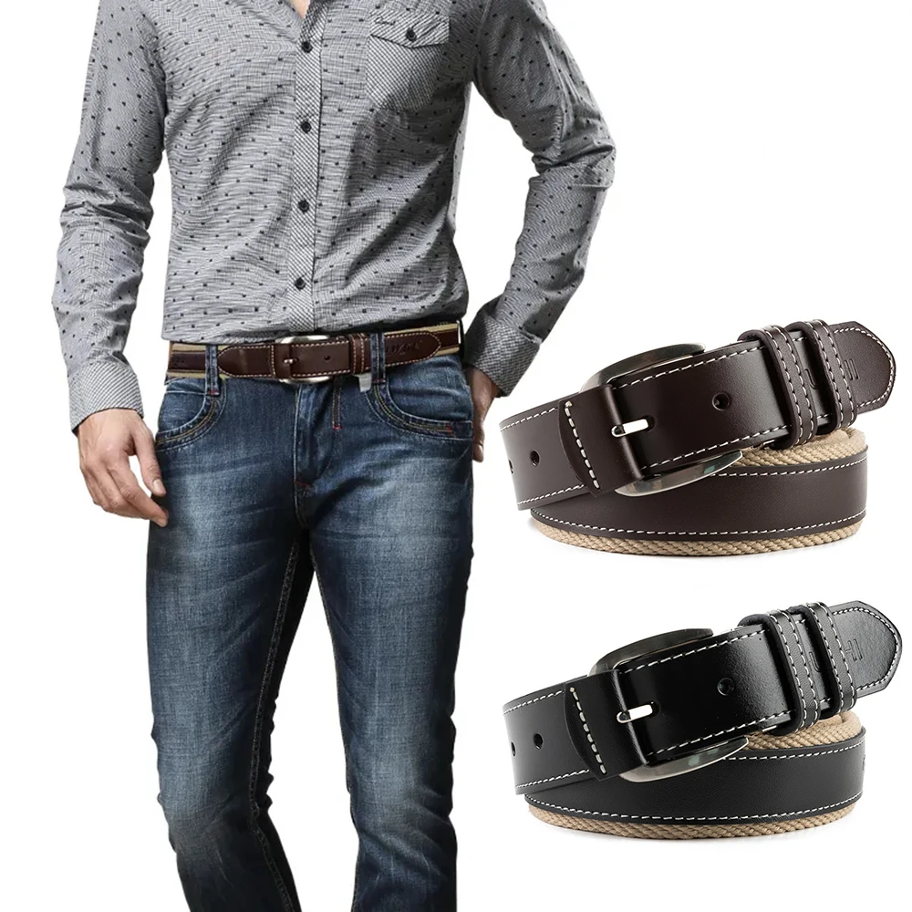 Fashionable men's belt Italian Napa top layer cowhide canvas patchwork popular needle buckle casual belt with jeans gift box