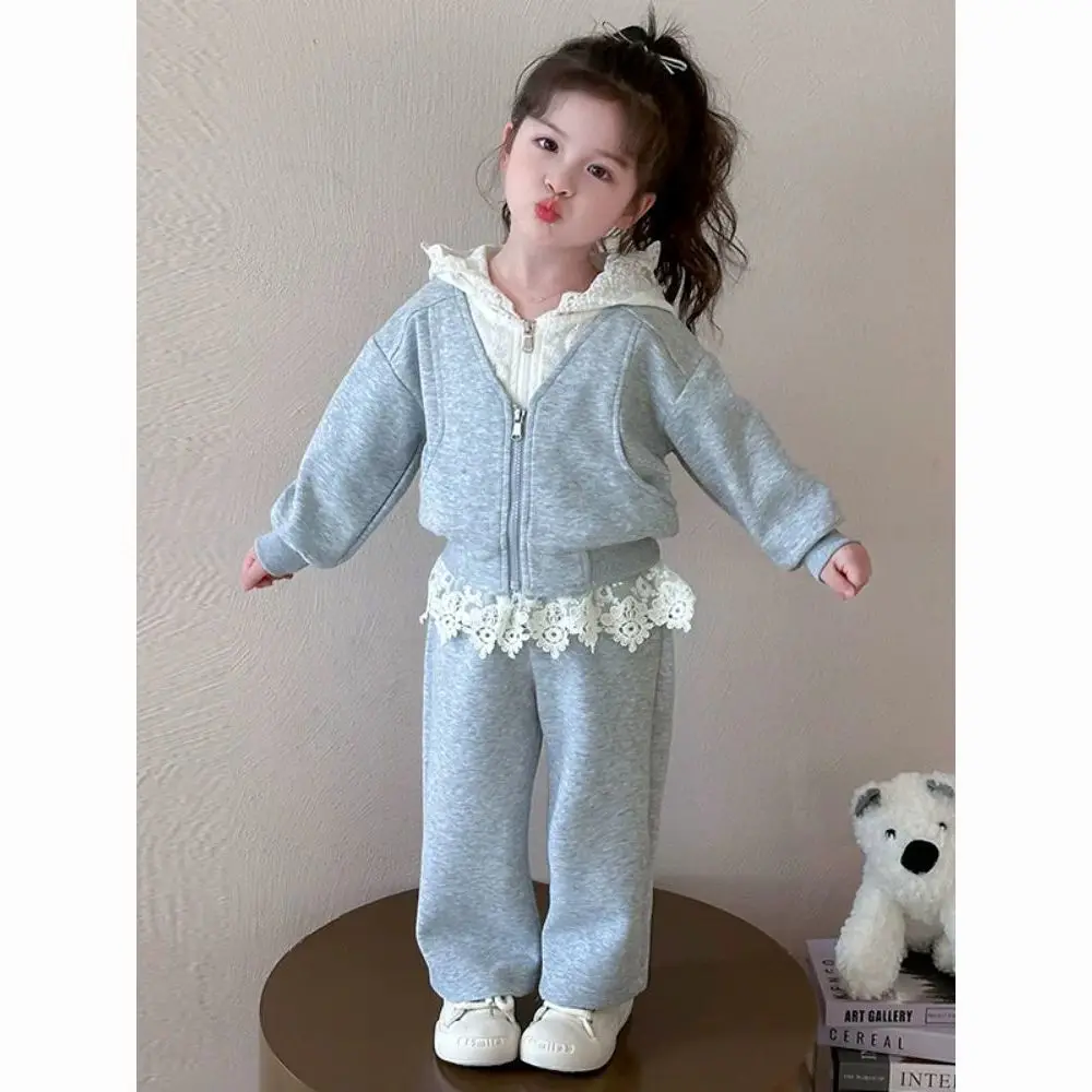Girls' Spring 2026 New Collection Children's Spring Korean Fake Two Piece Lace Hat Cardigan Wide Leg Pants Casual Sportswear