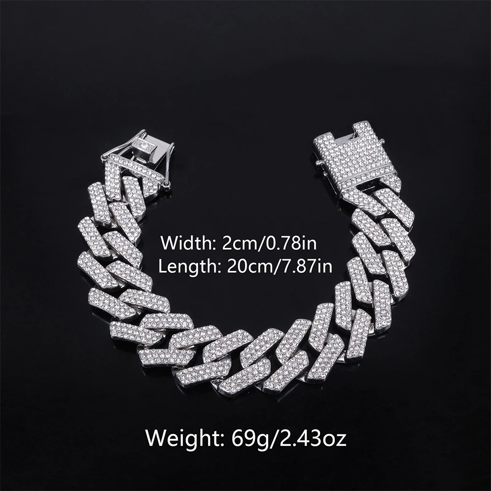 

20mm Diamond-Shaped Three-Row Full Diamond Alloy Bracelet, Cool Hip-Hop Cross-Border Cuban Chain - 20CM 5pieces