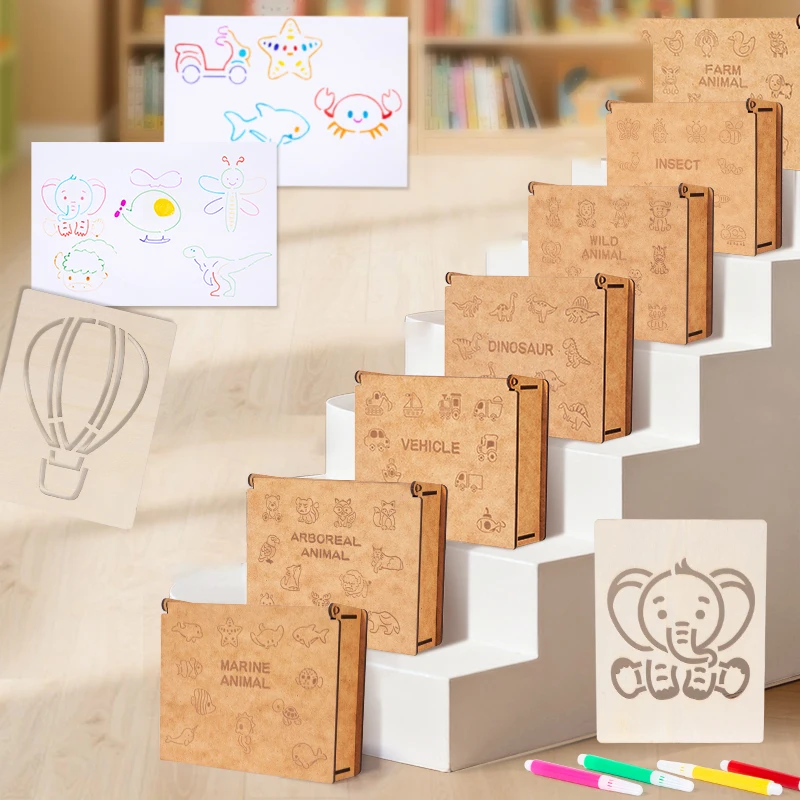 Montessori Scatola di legno per bambini Tavolo da disegno Giocattoli Pittura fai da te Stencil Modello Giocattolo artigianale Puzzle Giocattolo educativo per regalo per bambini
