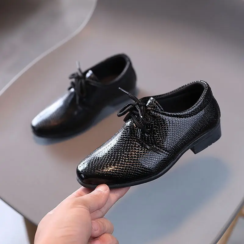 Boys Pointed Toe Leather Shoes Lace Up British Style Formal Dress Shoes for School Big Kids Black Performance Footwear