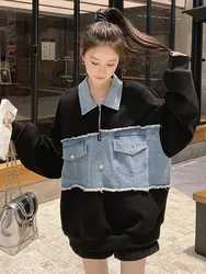 LANMREM Patchwork Denim Sweatshirt For Women Lapel Long Sleeves Sticthing Fashion Loose Style Female Streetwear Clothes 2DA3930