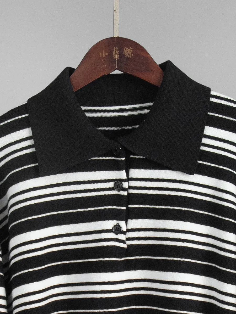 Vintage listrado de malha camiseta feminina outono botões turndown colarinho manga longa camisetas simples moda casual pulôver topos