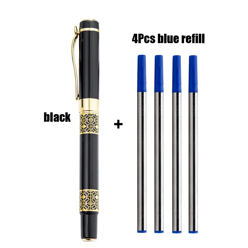 

1+4Pcs/Set Luxury Ballpoint Pen With Refills School Office Black Wood Gold Carving Metal Roller Ball Pen Stationery Supplies Pen