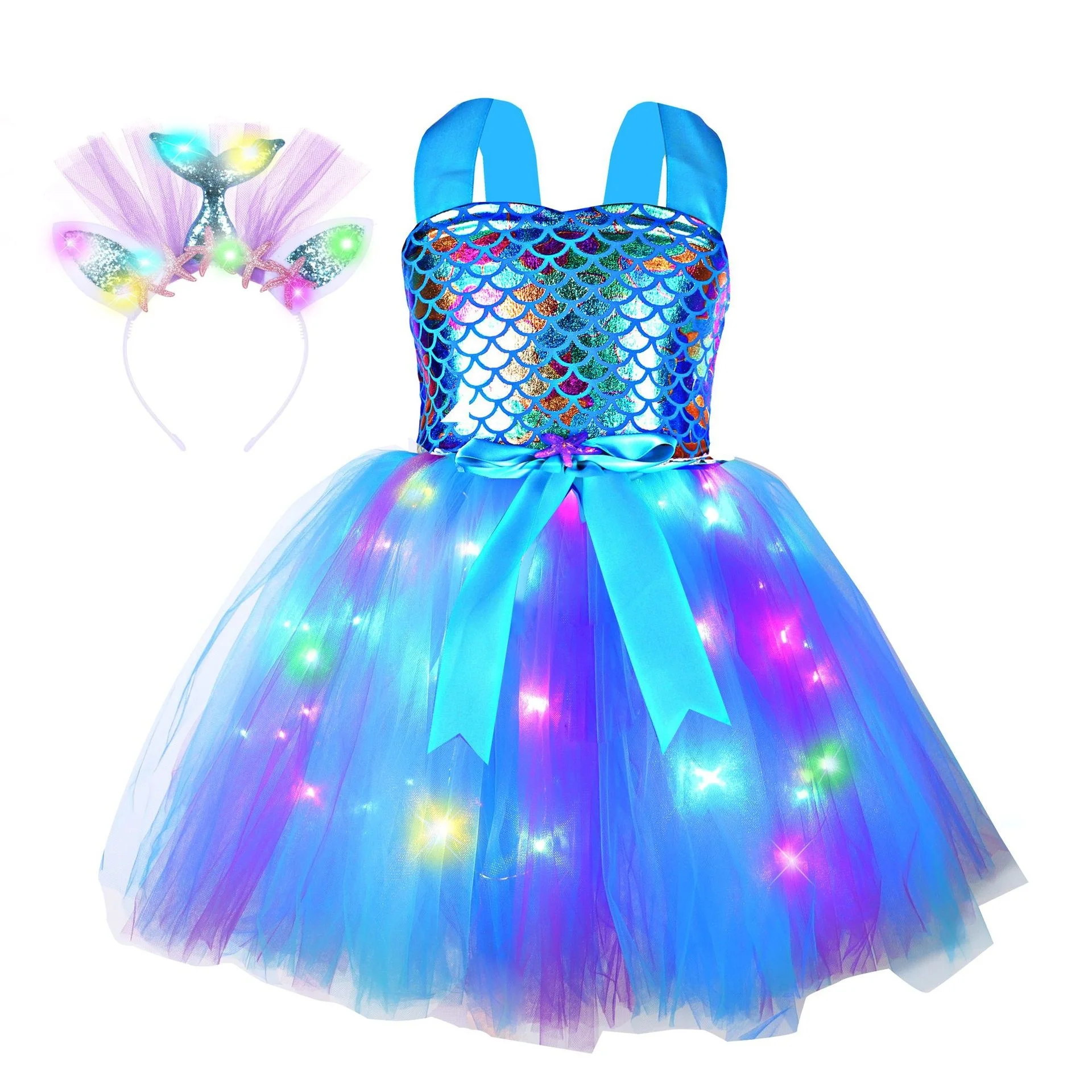 Vestido led sereia tutu crianças vestidos de festa de aniversário pequena sereia trajes de princesa para halloween ano novo vestir-se roupa