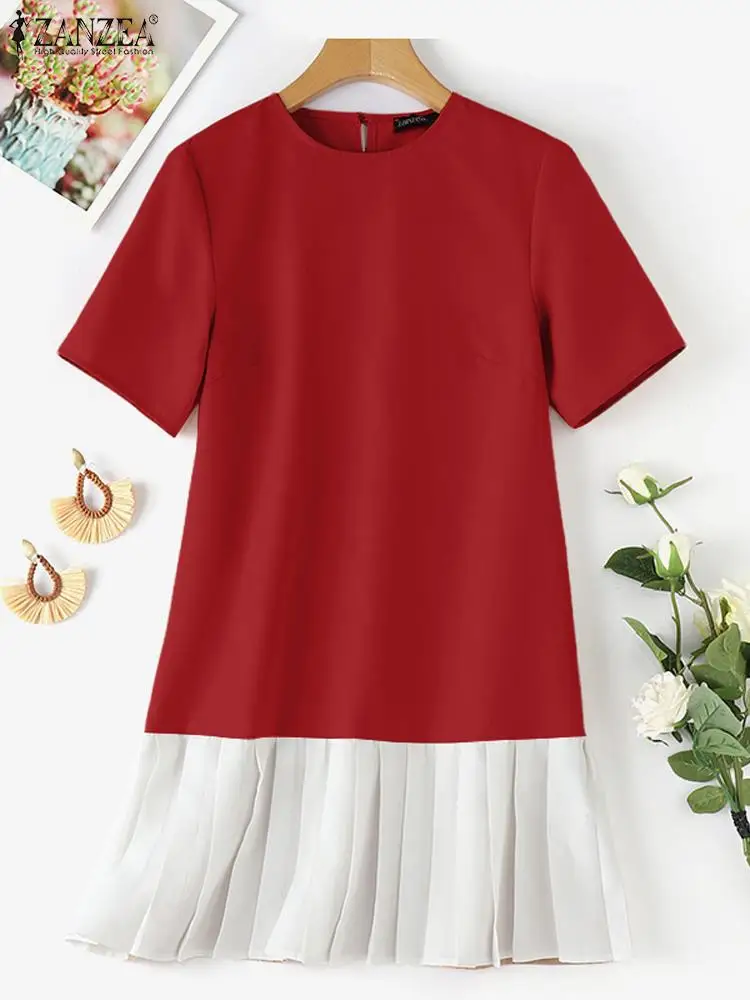 ZANZEA Fashion Women A-line Vestidos Pleated Hem Casual Color Block Short Sleeve Mini Dress O Neck Streetwear Party Dresses