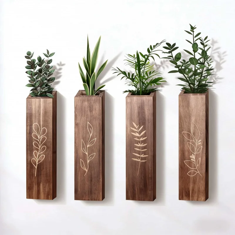 

4Wooden Wall Planter4Pieces Bohemian Style Farmhouse Decor Living Room Bedroom Decoration Pocket Vase Dried Flowers Artificial G