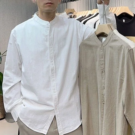 

High-End Minimalist Men's Henry Collar Shirt Loose Long Sleeve Breathable Fashionable Spring Autumn Versatile Comfortable Cot...