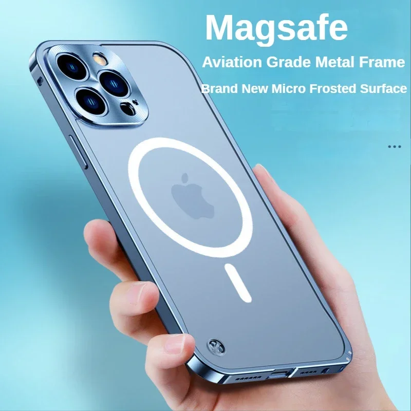 

High-End Metal Frame MagSafe Case For Iphone 14 Plus 13 12 11 Pro Max Case Frosted Backboard 13 Seahorse Buckle Protective Cover