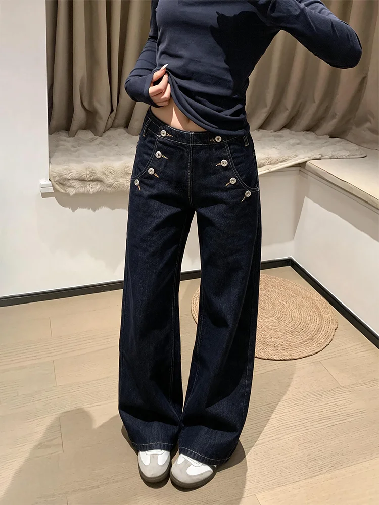 Low Waist Vintage Design Women's Jeans Loose Fit Casual Straight Leg Pants Double Row Buttons Autumn New Style plus Size