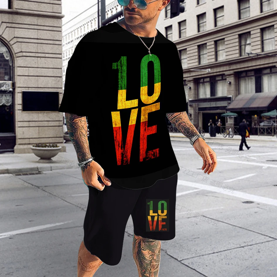 Conjunto de camiseta e shorts masculinos Bob Marley Reggae Music, roupa masculina extragrande, terno casual de verão, streetwear, 2 peças