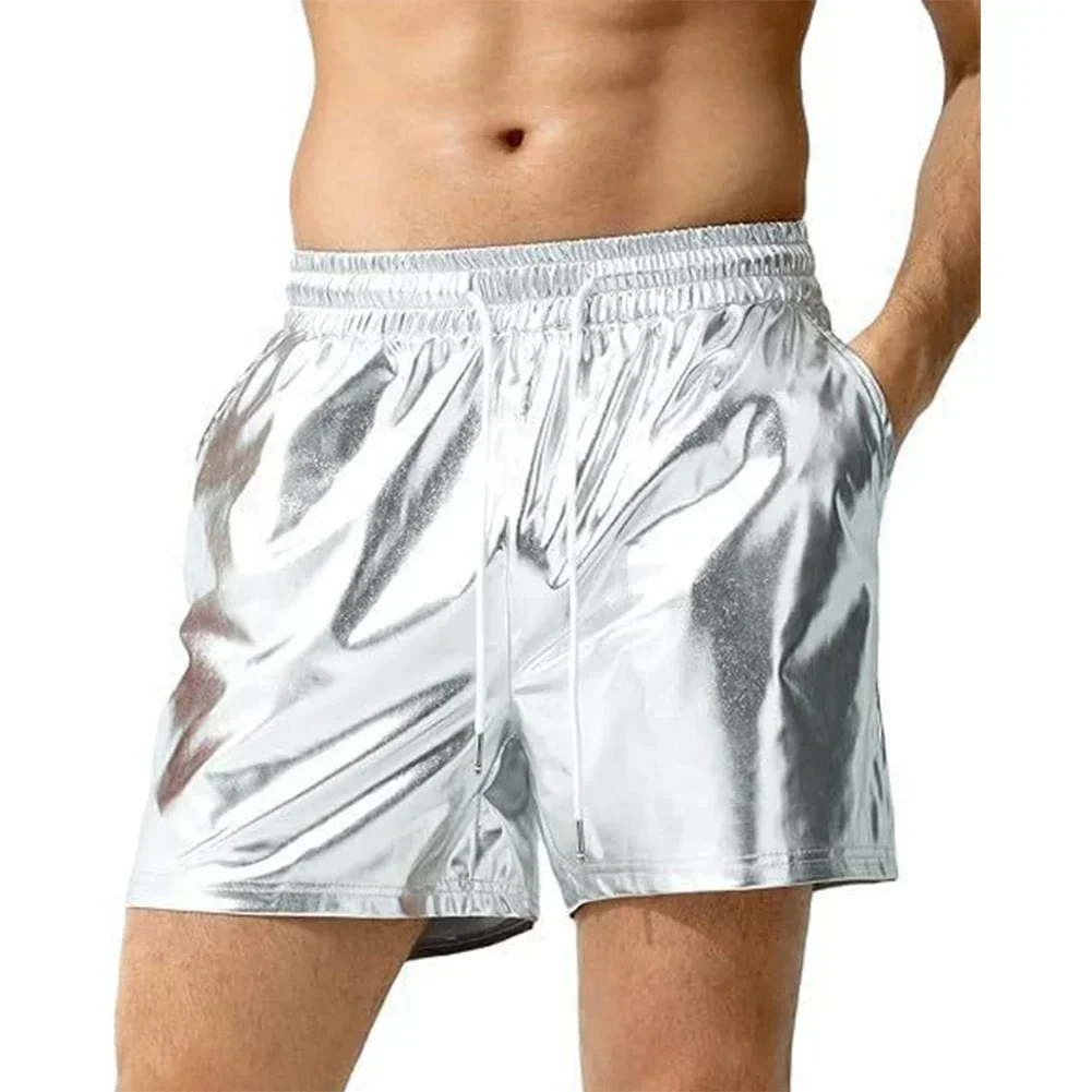 Mens Wet Look Shinny Glossy Trunks Sports Loose Straight Shorts Beach Fitness GYM Short Pants Solid Bright Leather Men Shorts