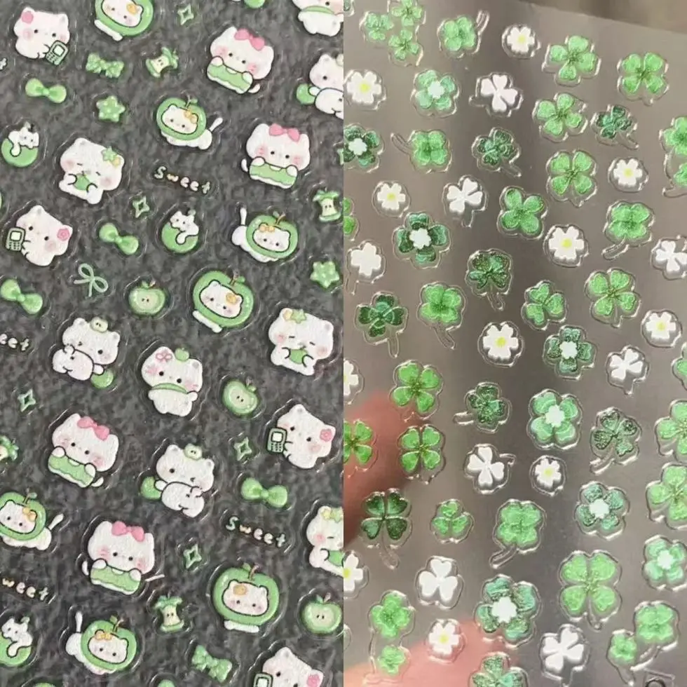 Pegatinas con Relieve de Gatito y Trébol de Cuatro Hojas en Forma de Manzana Verde para Encendedores, Vasos, Fundas de Teléfono, Decoración DIY, Pegatinas para Uñas