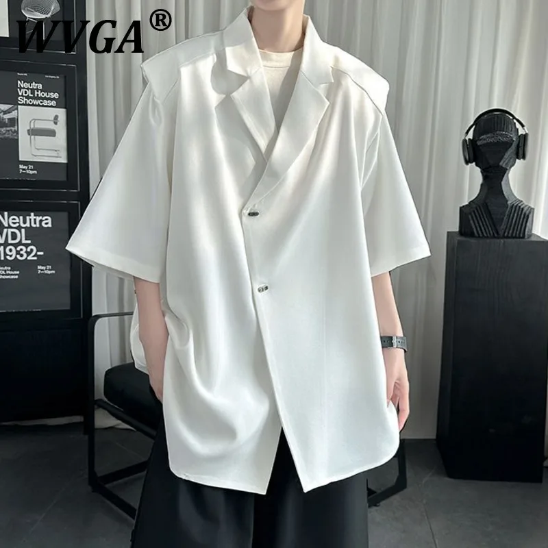 

WVGA Summer New Man Suit Collar Trendy Short Sleeve Shirts Fake Two-piece Padded Shoulder Niche Chic Casual Shirt Coat Ins W9768