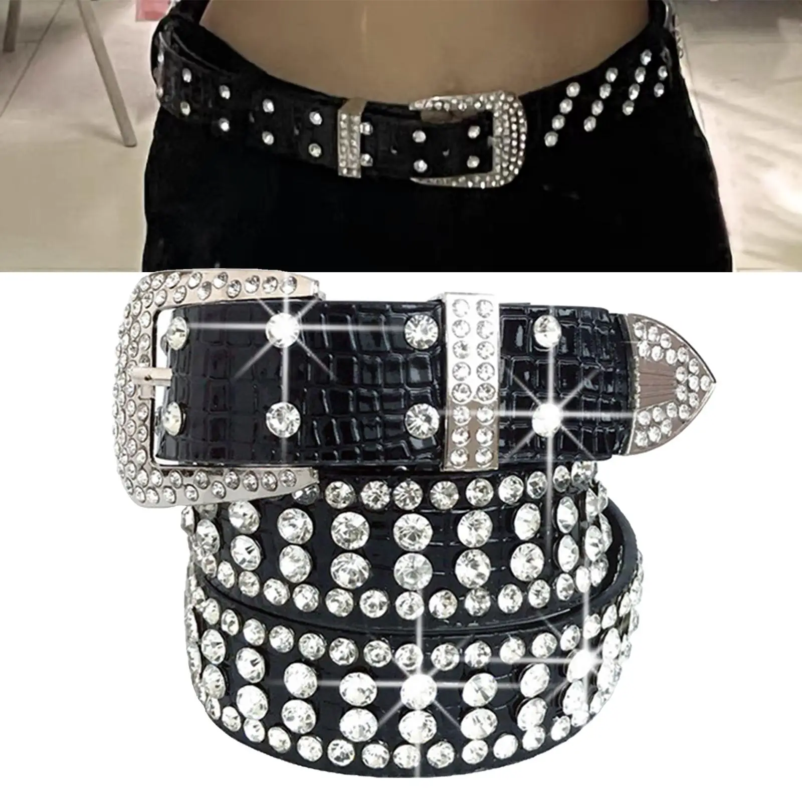Women Punk Belt Double Grommet Leather Jeans Waist Strap White , 110cm