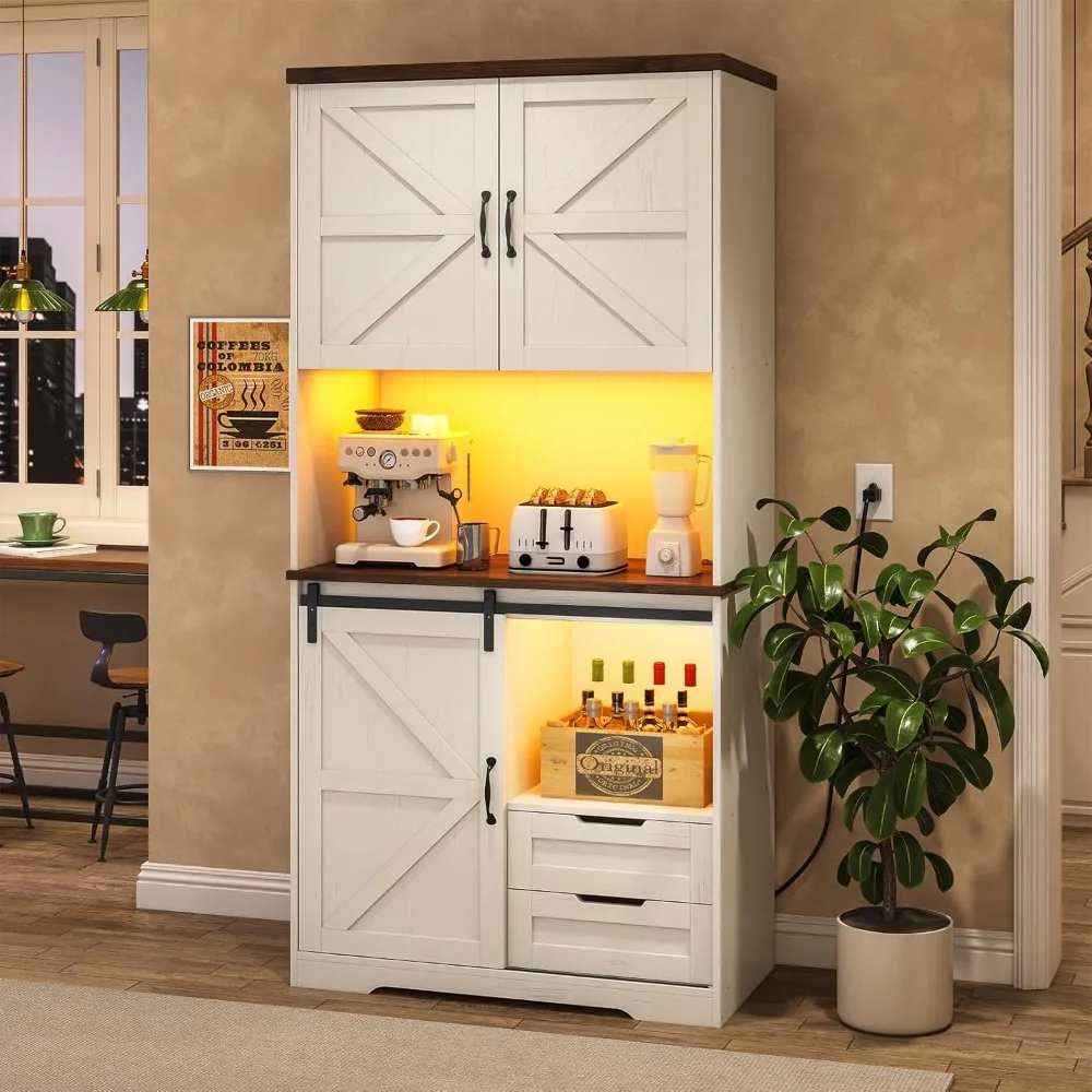 

Farmhouse Kitchen Pantry Storage Cabinet with Drawers & Shelves, Freestanding Hutch and Adjustable Shelves