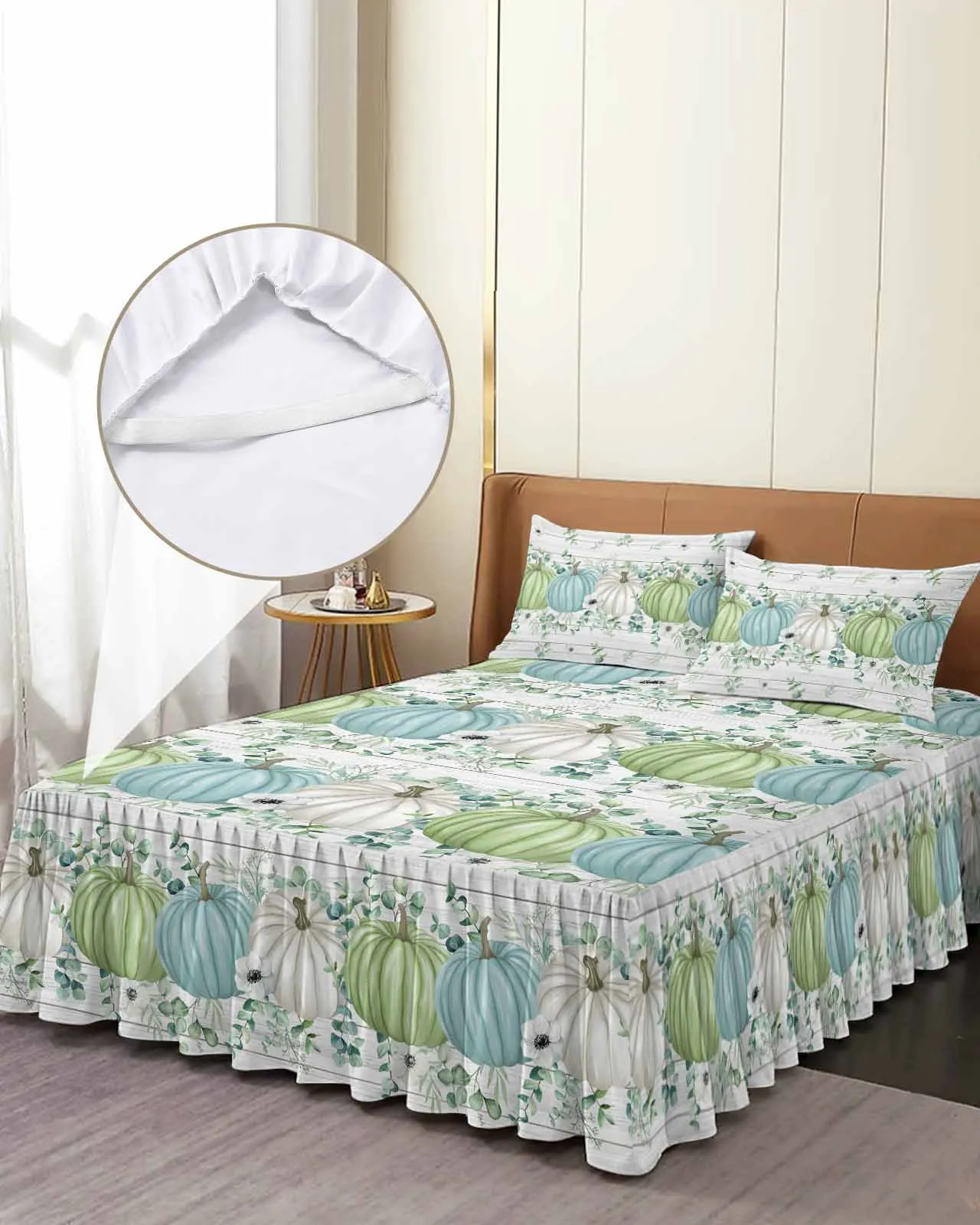 

Thanksgiving Autumn Eucalyptus Skirt Elastic Fitted Bedspread With Pillowcases Mattress Cover Bedding Set Bed Sheet