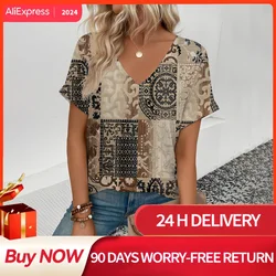 Elegant Women's V-neck T-Shirt Fashion Floral Pattern Popular Women's Print T-Shirt Retro Leisure Women's Short Sleeve T-Shirt