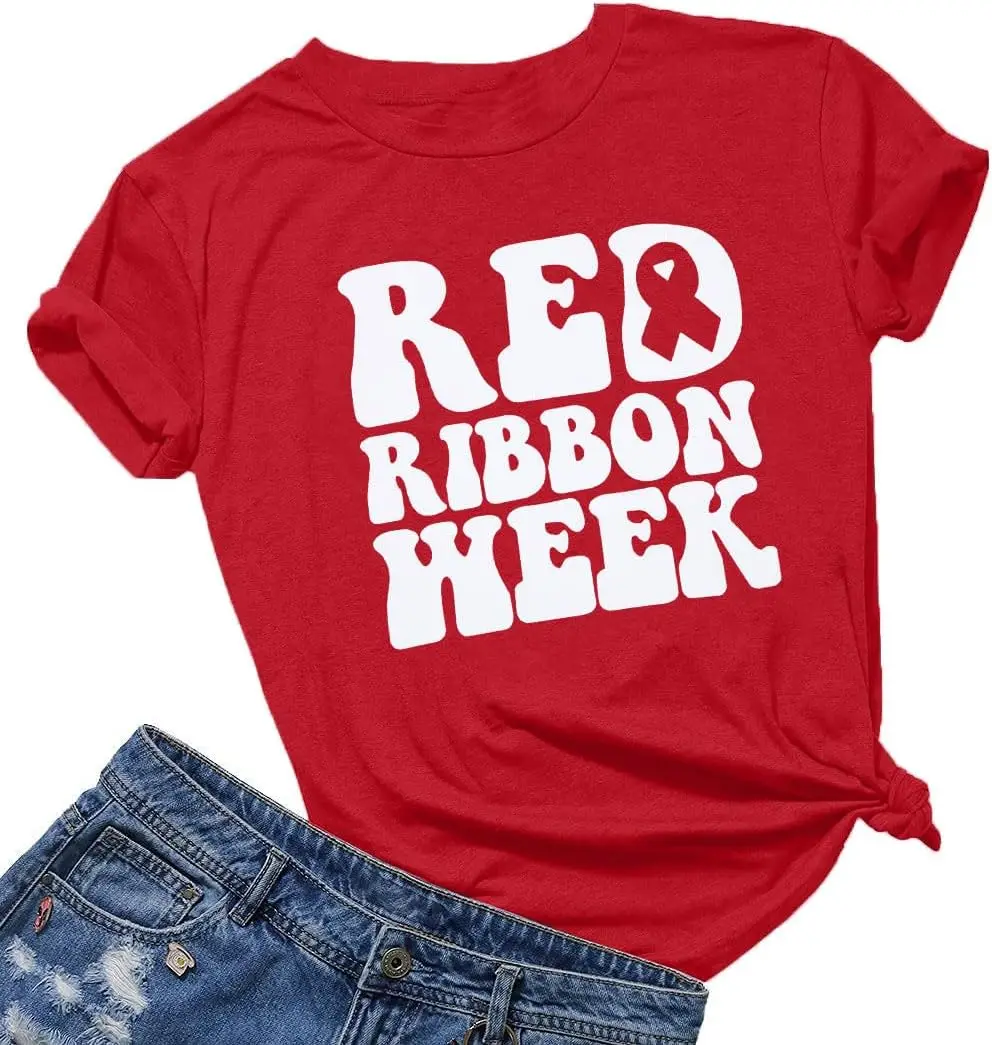 

Red Ribbon Week Women We Wear for Awareness T-Shirt Funny Short Sleeve Tops Simple Letters Style Crewneck Tops Tee Shirt Short