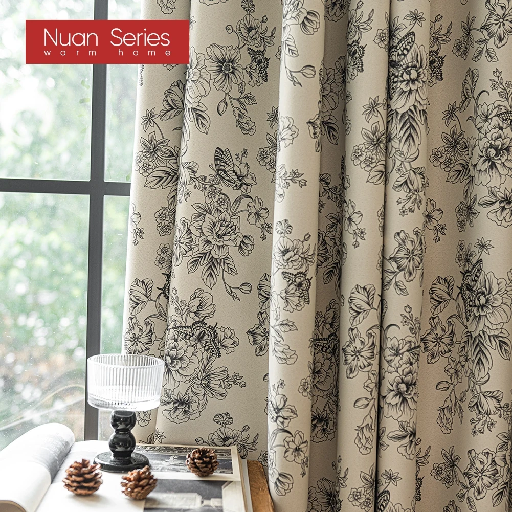 

Vintage Floral Sketch Print Curtain for Bedroom Living Room French Country Beige Base Retro Toile Pattern Window Drapes 1PC