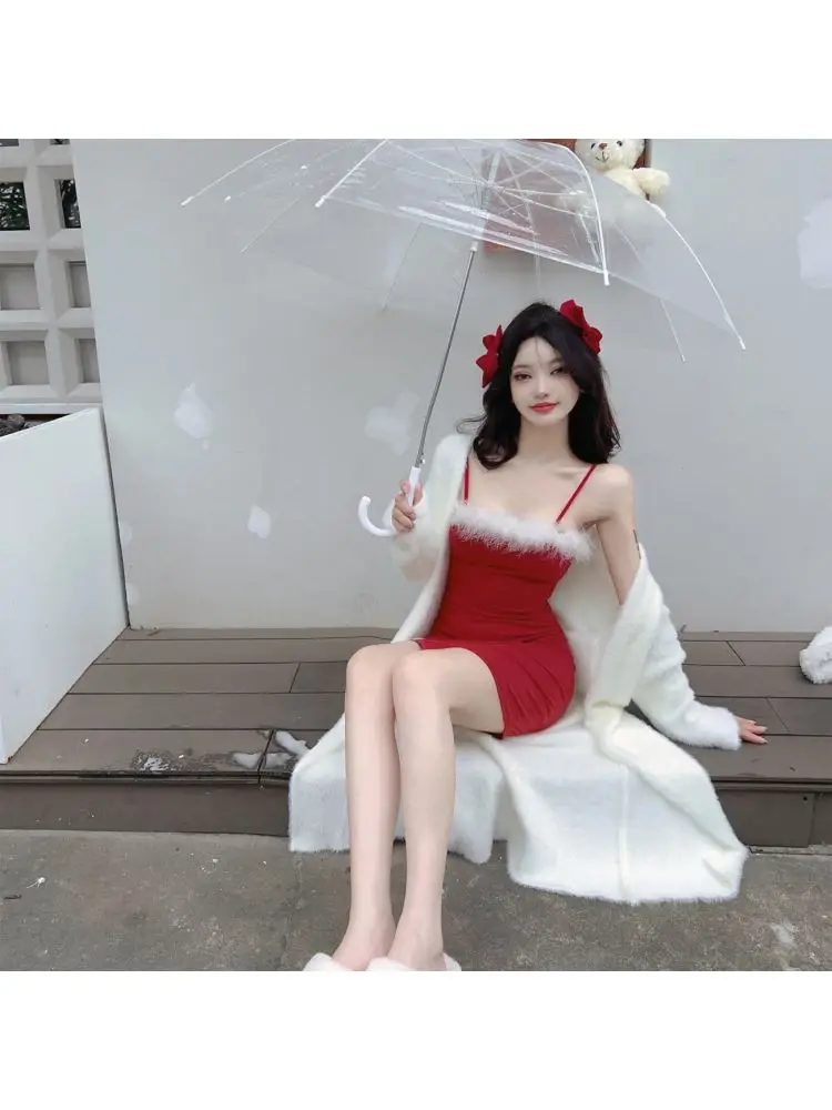 กระโปรงทรงเอวสูงสองสีแบบสายรัดสำหรับผู้หญิง สีแดงเซ็กซี่ เหมาะสำหรับฤดูใบไม้ร่วง ฤดูหนาว วันฮาโลวีน และวันวาเลนไทน์