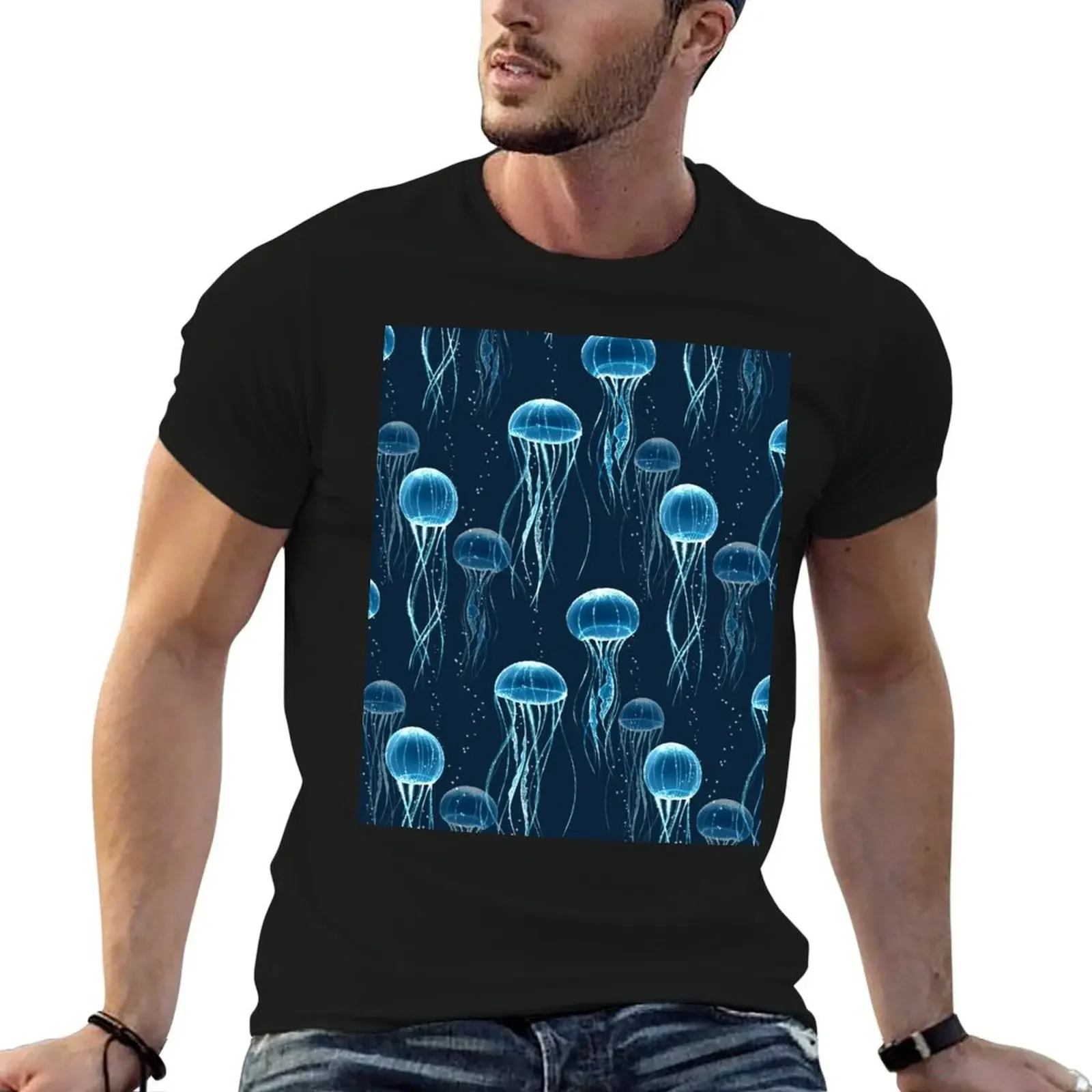 

Glowing jellyfish T-Shirt blue archive customs boys whites tshirts for men