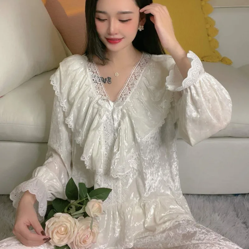 Thicken Warm Gold Velvet Sleepwear For Women Winter Pajamas Set Loose Long Sleeve V Neck Nightwear Pyjamas Female Home Suit