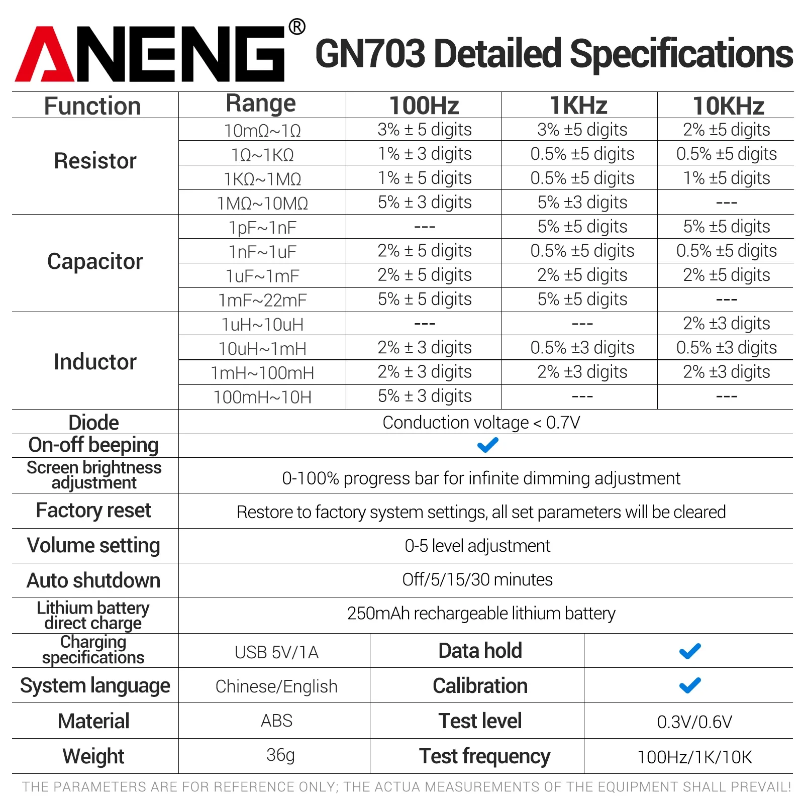 ANENG GN703 USB Rechargeable Portable Digital LCR Bridge Meter 100Hz 1KHz 10KHz Diode Tester Calibration for Electronic Repair