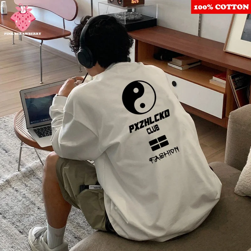 

Chinese Yin Yang Bagua Print T-shirt Men's 100% Cotton White O-Neck Long sleeves Loose Casual T-shirt Black Y2k Top Men clothing