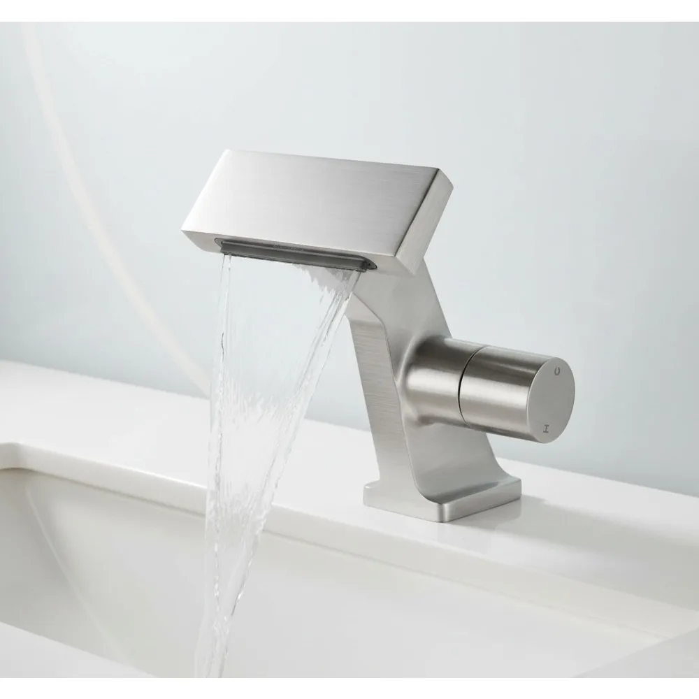 

Waterfall Bathroom Faucet Brushed Nickel, Single Handle 1 Hole Deck Mount with 2 Hoses for Vanity Basin