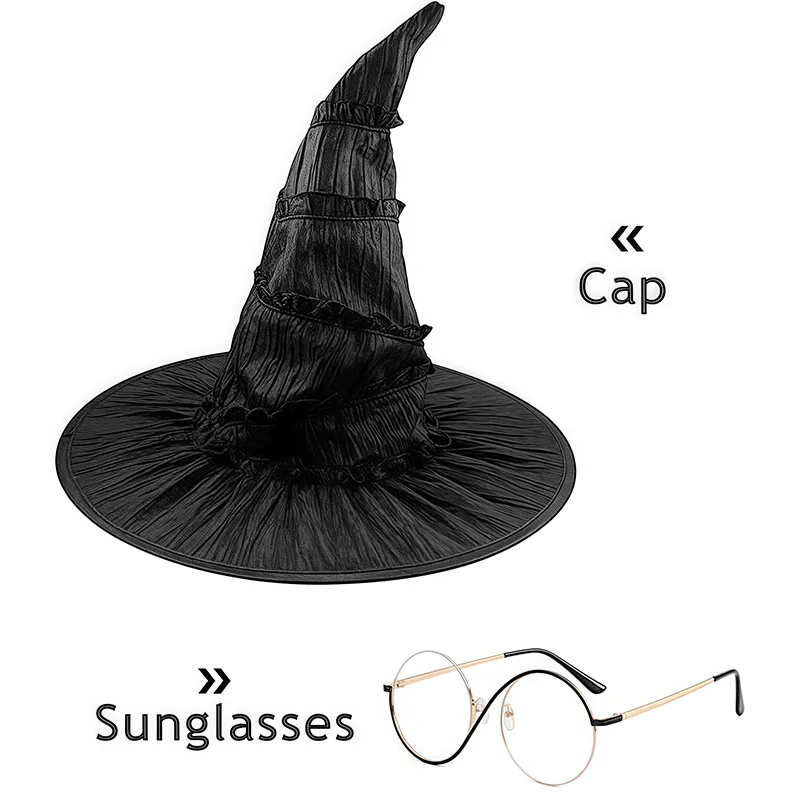 Gli accessori per costumi da principessa strega da donna da 2 pezzi includono cappello da strega e occhiali per ragazze, film, feste di Halloween, abiti da mago