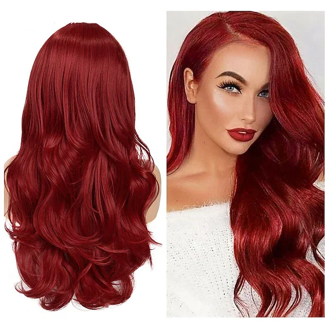 

SuQ Women's Long Wine Red Wig Hair Synthetic Natural Cosplay Long Wavy Party Red Heat Resistant Daily Fashion Wigs